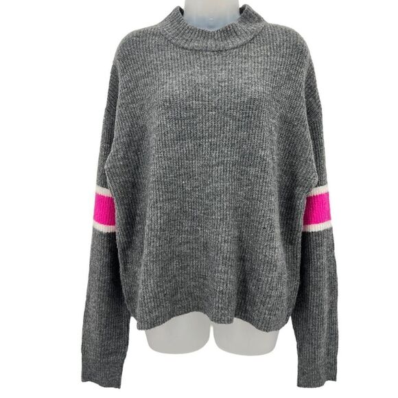John & Jenn Varsity Stripe Gray Pink Mock Neck Pullover Sweater Top Large NEW - Picture 1 of 11